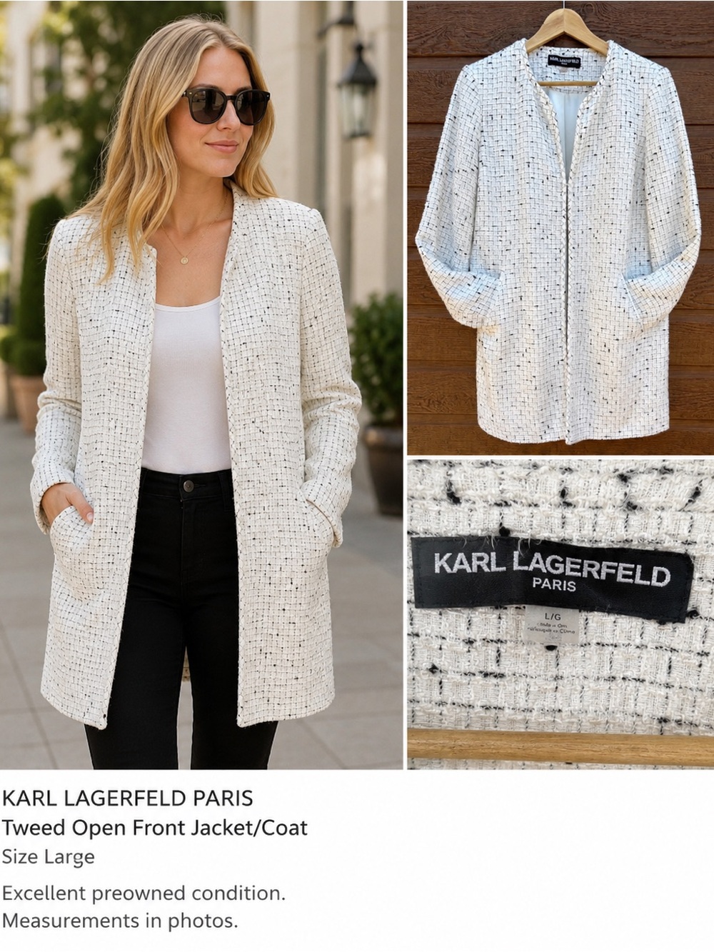 Karl Lagerfeld Paris Tweed Coat Jacket Lrg  Cream Bouclé Open Front Quiet Luxury
